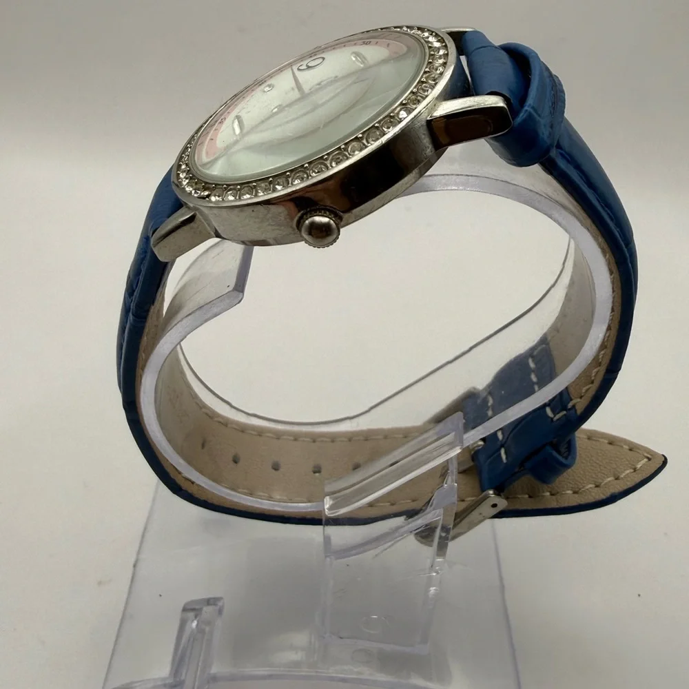 VINTAGE DATE MOON PHASE RHINESTONES DIAL QUARTZ SILVER BLUE BAND (New Battery)